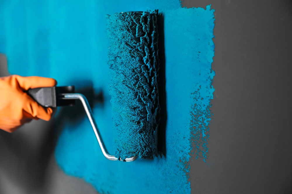 Teal feature wall being rolled over a dark interior wall in Lake Macquarie