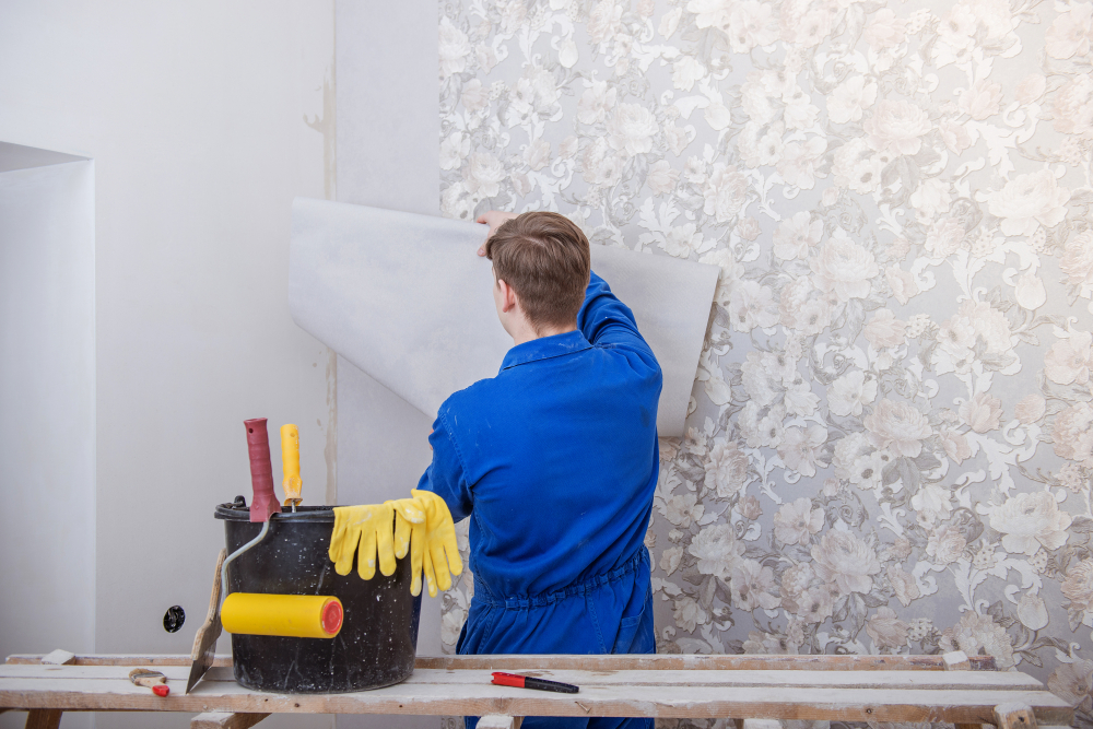 Decorator hanging patterned wallpaper on a feature wall in a Newcastle home
